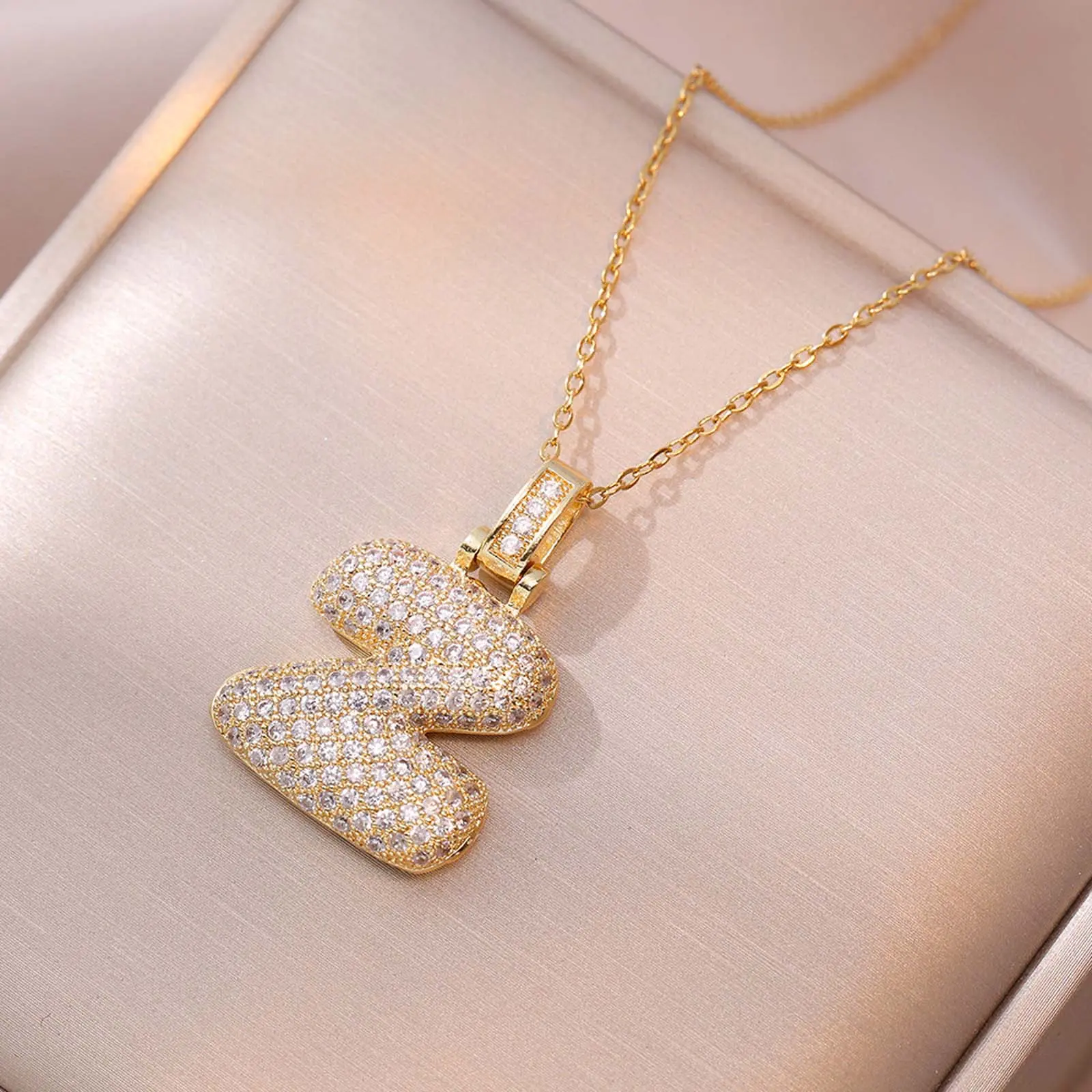 Zircon inlaid chubby round 26 letter necklace for girls and women's name initials birthday holiday gift daily wear jewelry