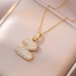Zircon inlaid chubby round 26 letter necklace for girls and women's name initials birthday holiday gift daily wear jewelry