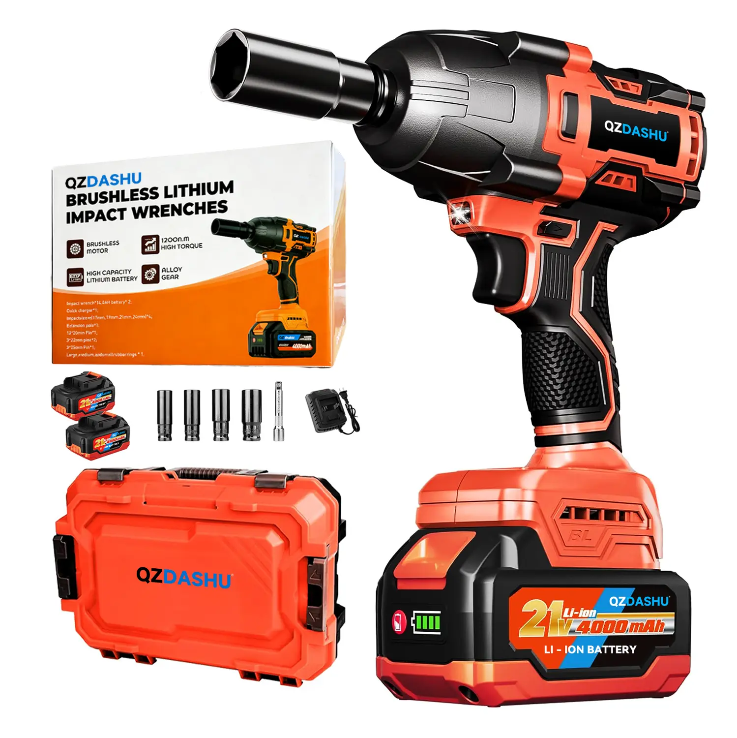 QZDASHU Brushless impact wrench 1200Nm cordless, 21V lithium-ion electric socket tool kit, suitable for car repair, woodworking frames, machinery, and DIY projects