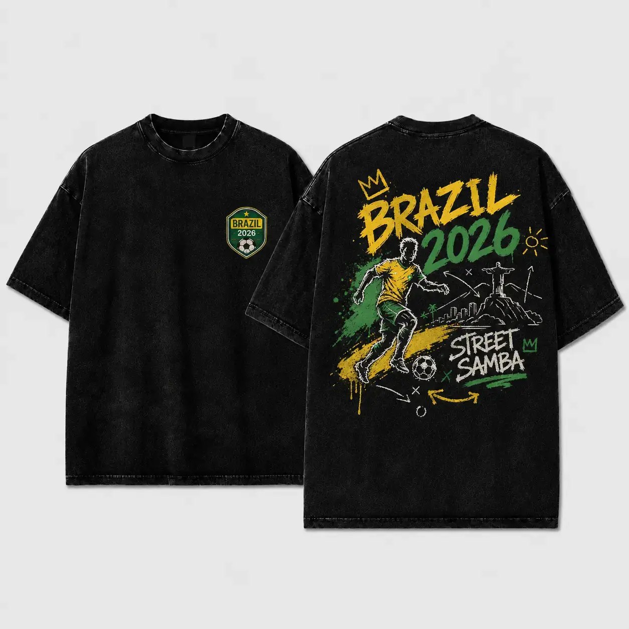 Men's Cotton Short Sleeve Lightweight Relaxed Oversized Vintage Washed Black 2026 Brazil Street Samba T-shirt - Graffiti Soccer Print, Street Retro Crewneck, Ideal for Game Day & Casual Streetwear Menswear Top