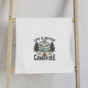 Life Is Better by the Campfire Hand Towel | Mountain Camping Design