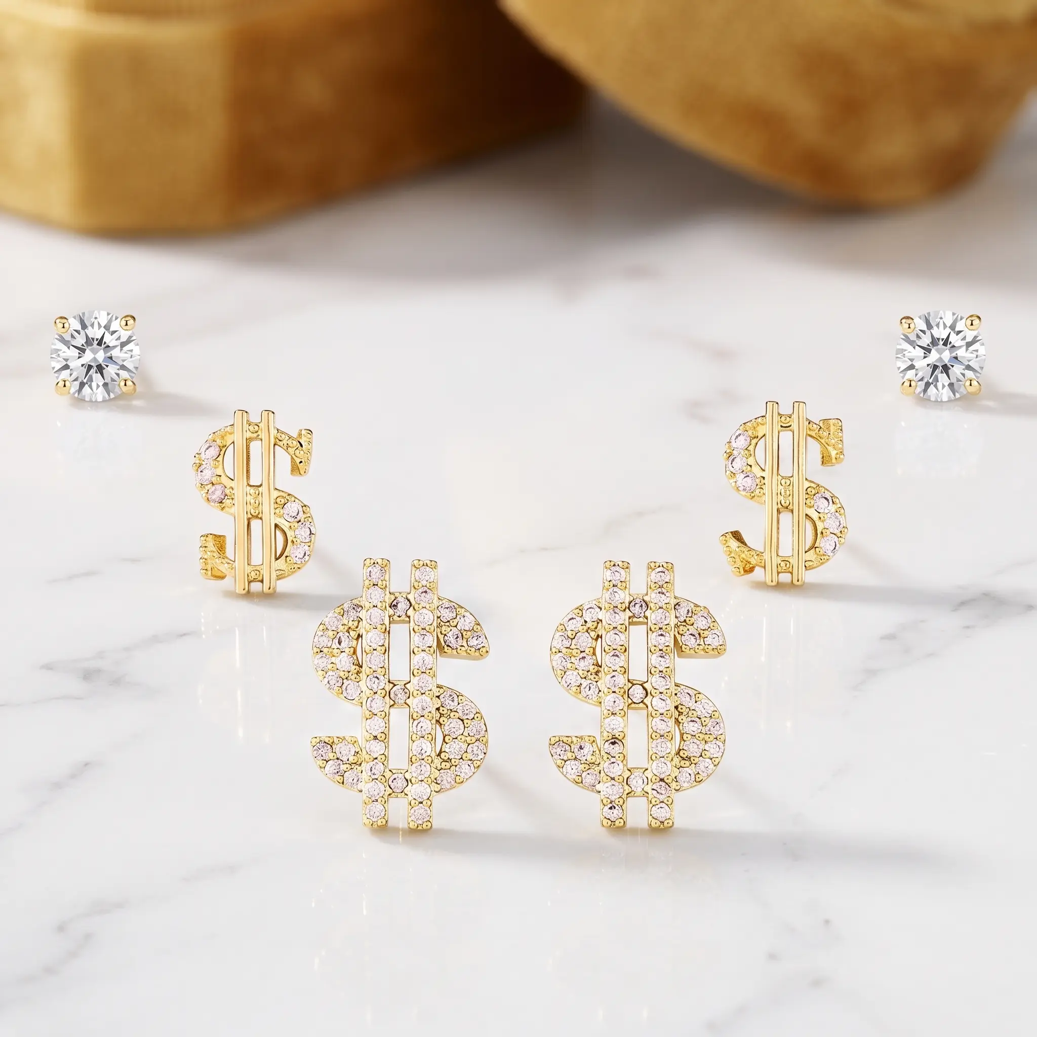 14K Gold Plated Unisex Iced Out Dollar Sign Stud Earrings 3 Pairs CZ Diamond Hypoallergenic Hip Hop Earrings