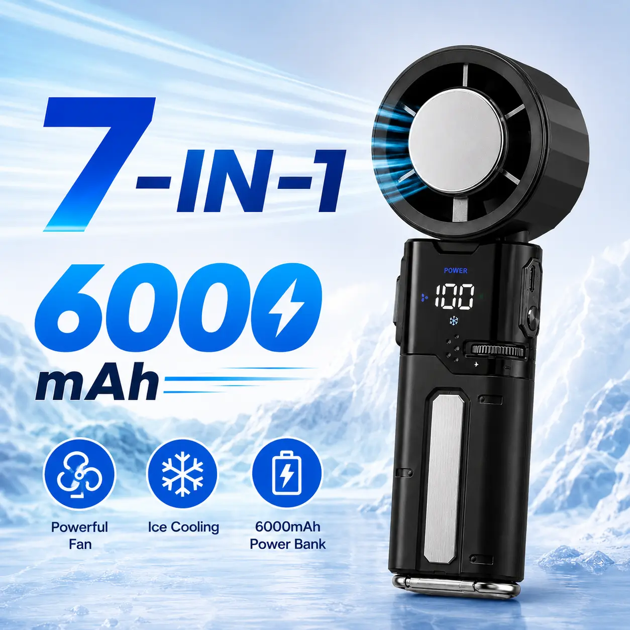 7-in-1 Portable Cordless Powerful Cooling Fan - 6000mAh Battery Powered Power Bank, Fast-Charging USB-C, 100-Speed Airflow, Cool-Touch Plate, Retractable Cable, Handheld/Desk Use, Ice-Pack Chill for Travel (Back to School)