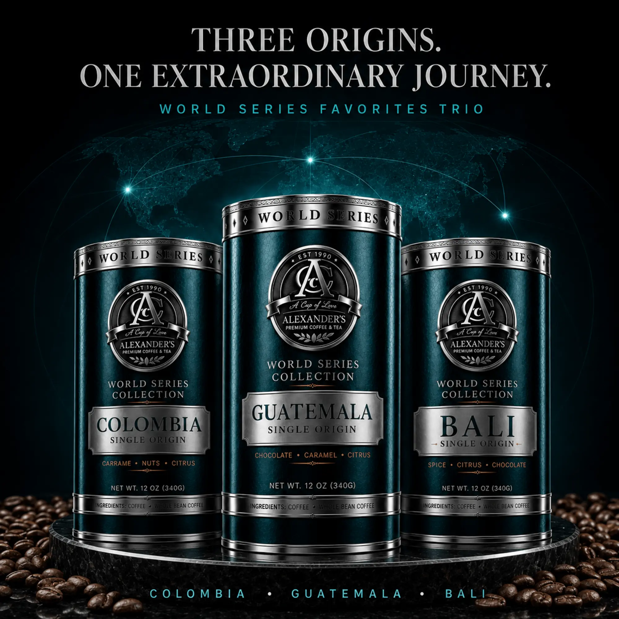 Alexander's Premium Coffee & Tea World Series Single-Origin Coffee Trio, Colombia, Guatemala & Bali, 3 x 12 oz, Roasted to Order