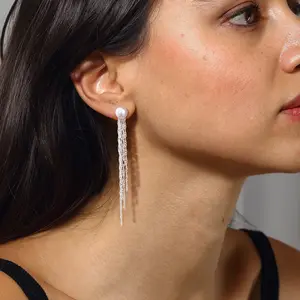 Dearmay Elegant Pearl Stud Earrings with Silver Tassel Chain Dangles – Statement Drop Earrings for Women, Fashion Jewelry for Parties, Weddings, and Special Occasions Greenish Spring