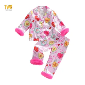 2pcs Valentine's Satin Pajamas Sets For Toddler Girl Fuzzy Trim Long Sleeve Lapel V Neck Heart Print Tops Elastic Waist Pants Nightwear