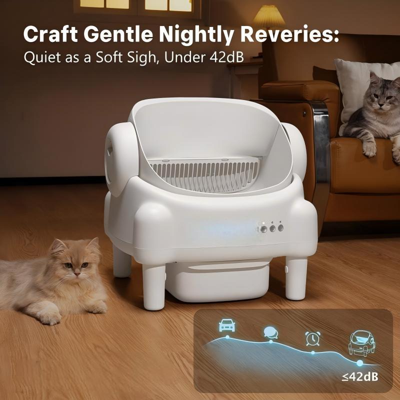 ECORUI Self-Cleaning Cat Litter Box Open Top Automatic with App Control for Multiple Cats Safety Sensors Odor Control Cream White Large Waste Bin Includes 2 Liners