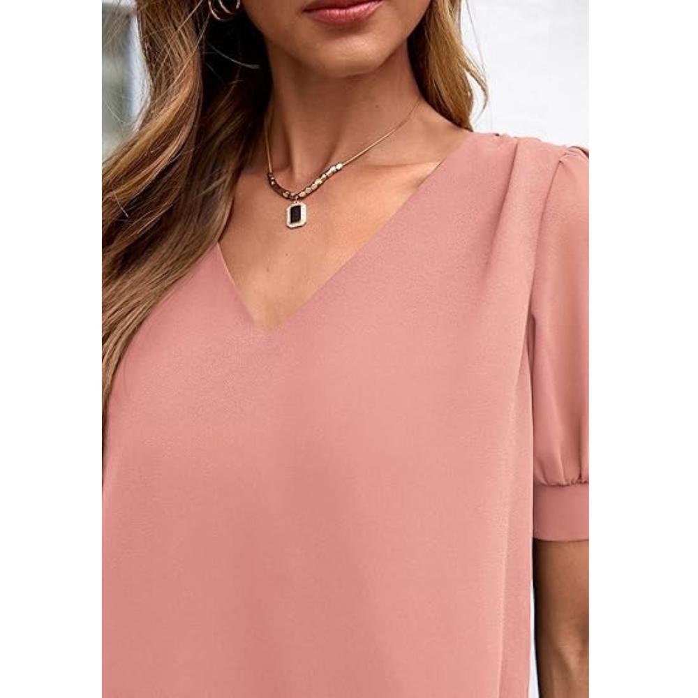 PRETTYGARDEN Womens Tops Dressy Casual Puff Sleeve Chiffon Blouses V Neck Business Work Shirts Summer Fashion Clothing