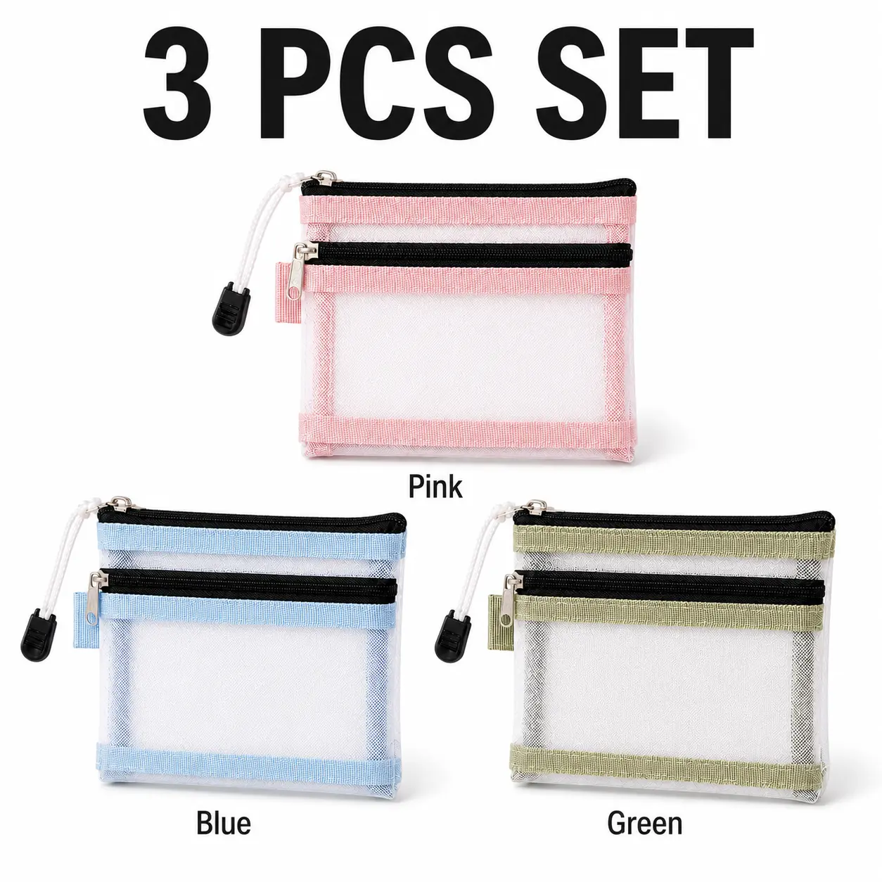3 PCS Double-Layer Mesh Travel Document Organizer Bags, Portable Zipper Pouches with Clear Card Holders for Passports, Driver’s Licenses, Bank Cards, Family Documents, Travel Essentials & Home Storage