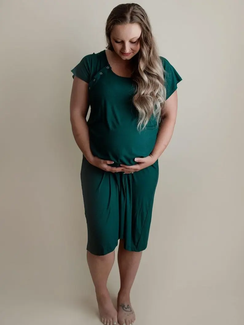 Forest Green Labor and Delivery Nursing Hospital Gown Pajamas for Breastfeeding Women's Comfortable Nursing Wear