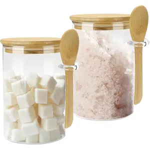 Glass Sugar Container with Spoon - 2 Pack 15oz Glass Jars with Bamboo Lid and Spoon, Bamboo Lid Storage Jar Containers for Coffee Beans, Spice, Brown Sugar, Tea, Flour, Nuts, Candy, Salts and More