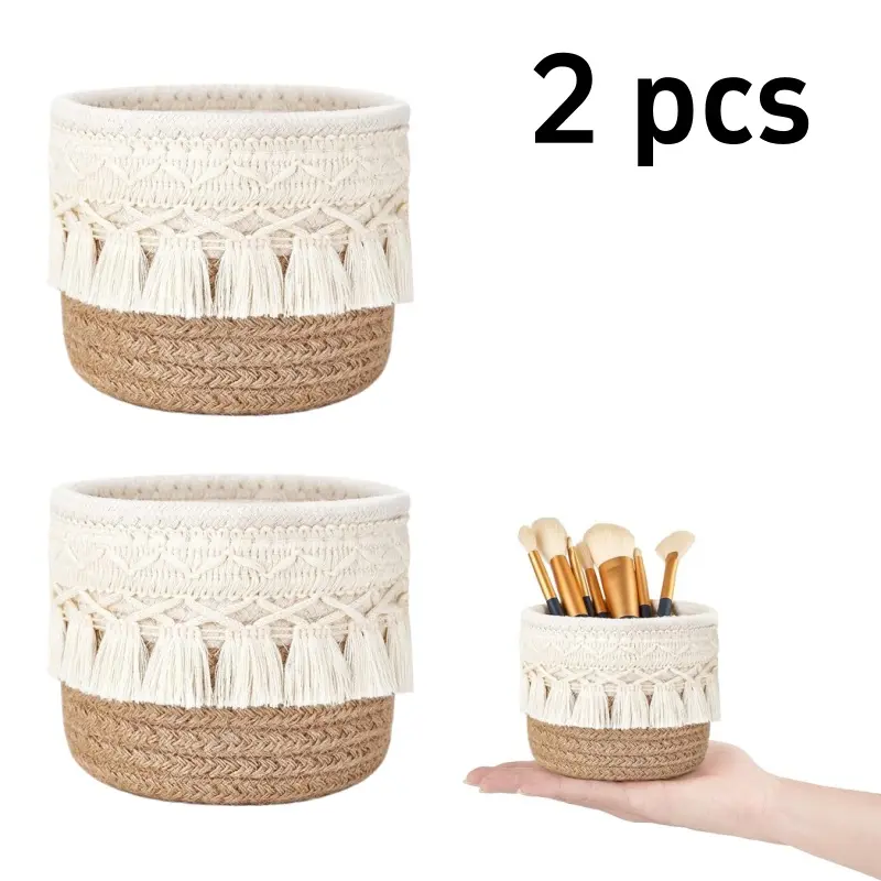 Bohemian Cotton 2pcs Mini Tassel Macrame Storage Basket Set (3.9in) - Vanity Organiser, Decorative Makeup Brush Holder, Ideal Gift for Valentine's Day, Mother's Day, Anniversary