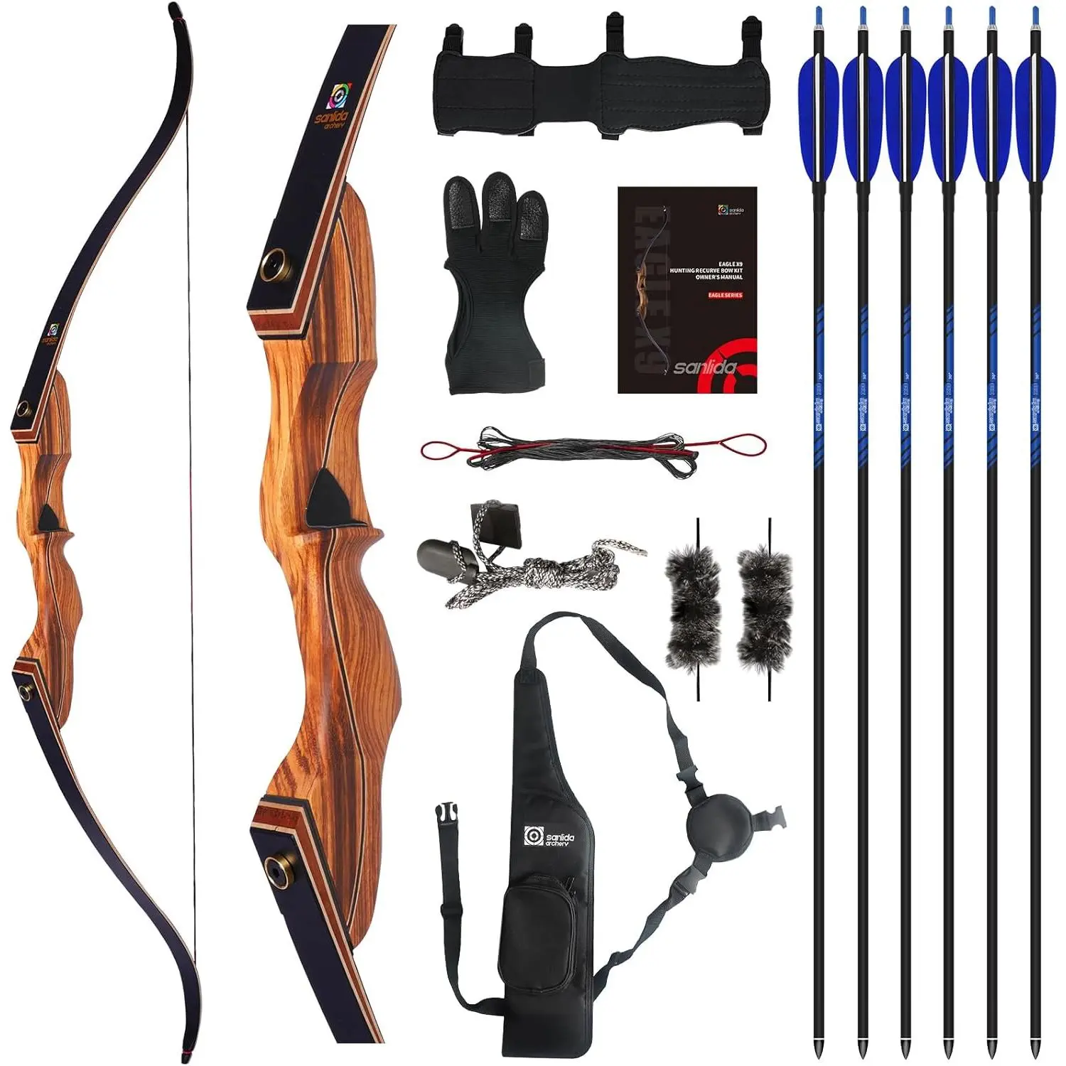Eagle X9 New 58" RTH Standard Takedown Recurve Bow and Arrow Set for Adults, Wooden Archery Bows with 54" String, 8¼-9" Brace, 25-60 Lbs for Outdoor Practice, 54 Inch String