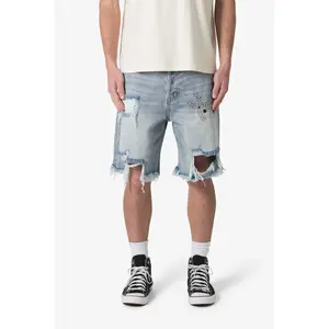mnml Distressed Spider Denim Shorts - Light Blue