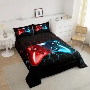3-piece game bedding set, game player bedroom duvet set, game controller home honeycomb pattern, 1 duvet cover, 2 pillowcases (unfilled), soft and warm all year round, holiday birthday gift decoration