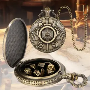 Vintage Fighter Sword Wings Design Pocket Watch Empty Case with Pendant FOB Chain, Includes 7 Tiny Size Metal Polyhedral Dice, Tabletop Role-Playing Game Accessories for Indoor Entertainment