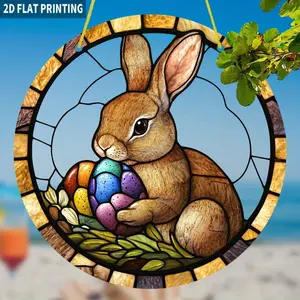 2D Vintage Stained Glass-Style Easter Bunny & Egg Suncatcher 8*8in Round Acrylic Window Hanging with Vibrant Spring Colors, Rabbit & Pastel Eggs Design for Easter & Spring Home Decor