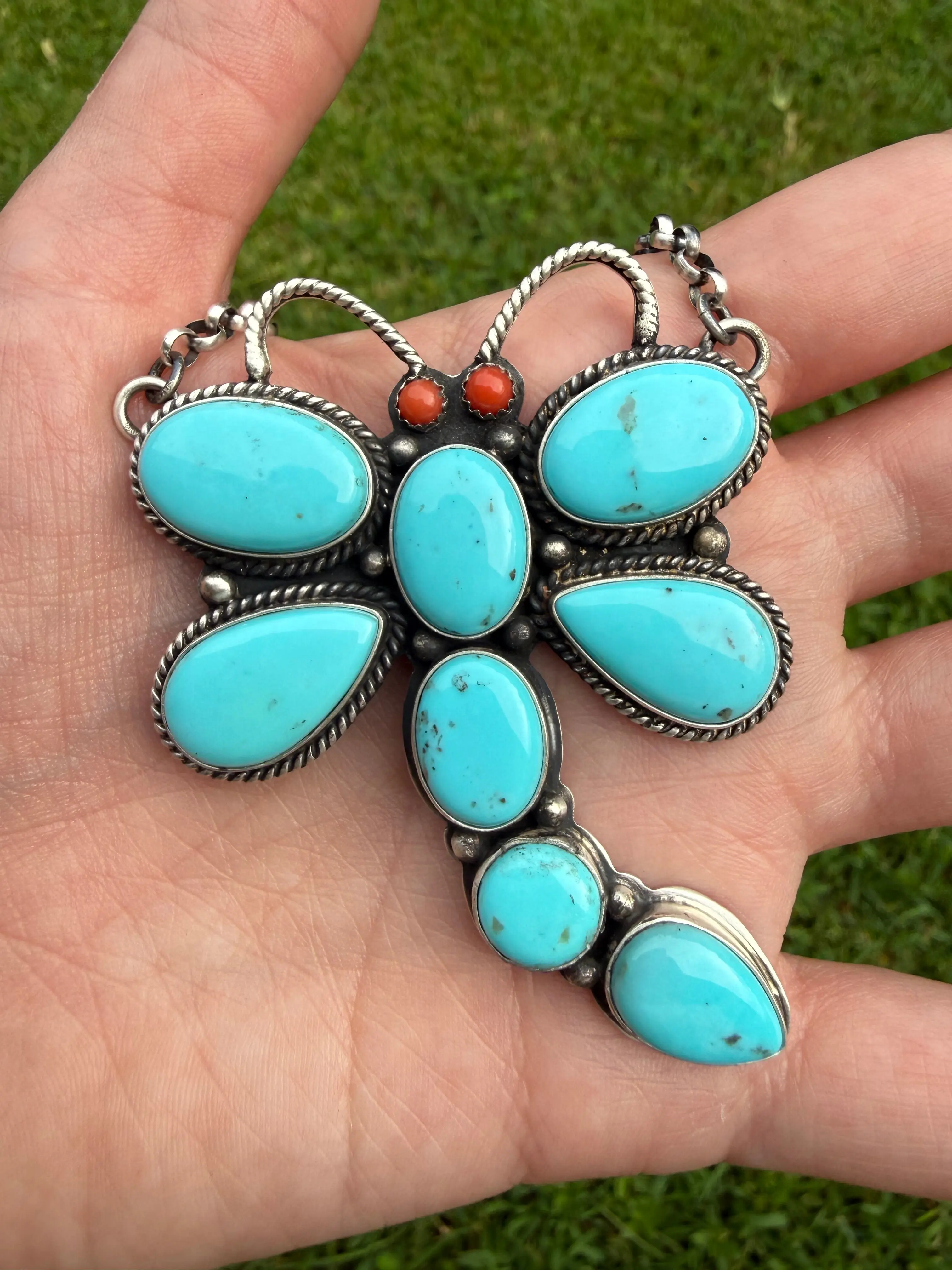 Turquoise and Coral Dragonfly Sterling Silver Statement Necklace