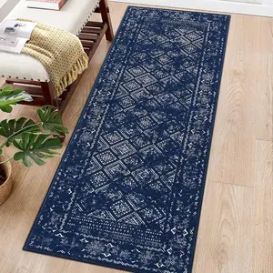 【GARVEE】Moroccan Boho Runner Rug 2x6 Washable Rug Vintage Hallway Runner Rugs Non Slip Entryway Runners Retro Distressed Kitchen Rug Soft Low Pile Laundry Rug Runner for Living Room Bedroom Blue