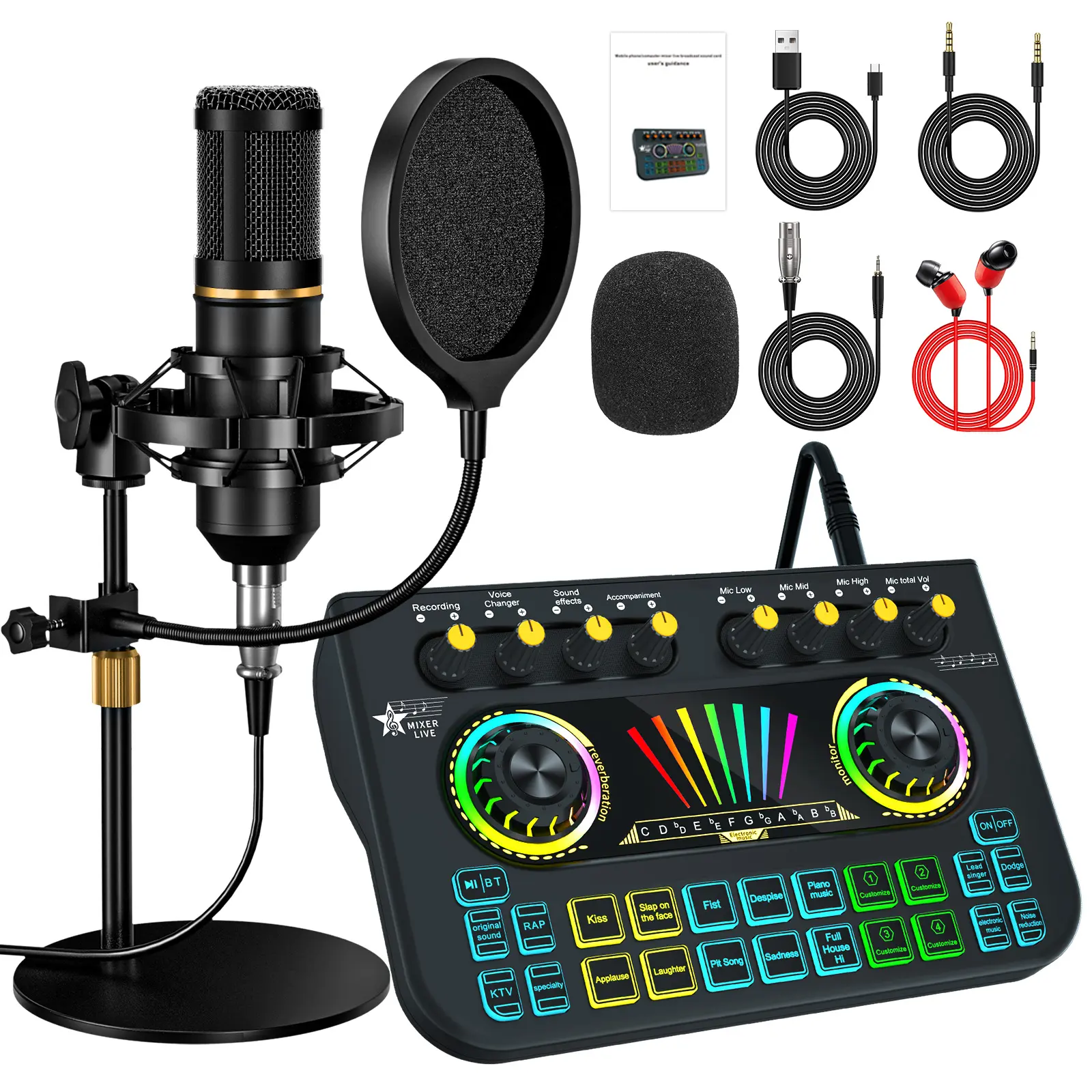Tenlamp X3-BM700MIC Professional Audio Mixer Console Sound Card Kit - Wireless Plug-and-Play 1-in-1 Live Broadcast Recording Interface with Condenser Microphone, Full Accessories, Surface Compatibility, for Podcasting, Karaoke, Bluetooth-Supported