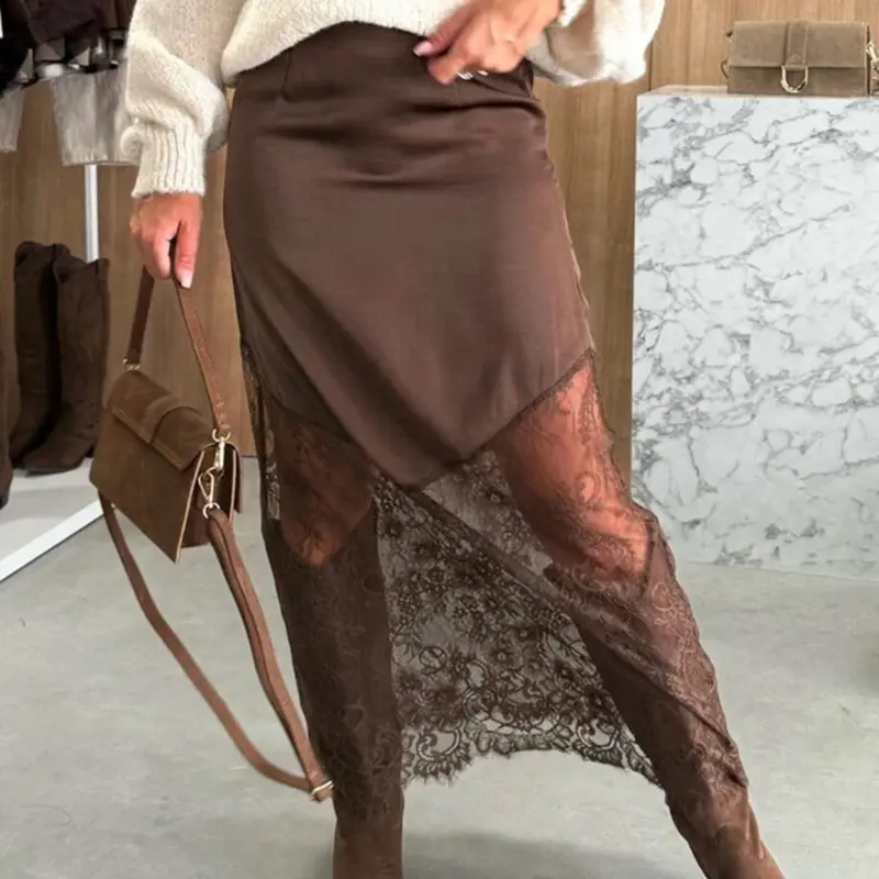 Elegant Chic Solid Color Woven Fabric Lace Patchwork High Waist Midi Skirt, Daily Commute Fitted Silhouette Skirt, Spring & Fall Fashion Womenswear, Lace Detailing, High Waist Skirts