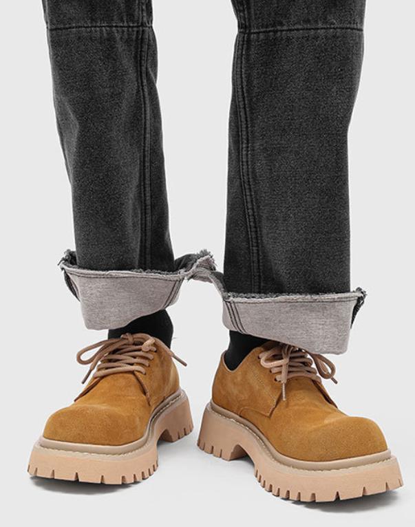 Cheat Code Height Boost: Burgundy Suede Platform Derby Shoes