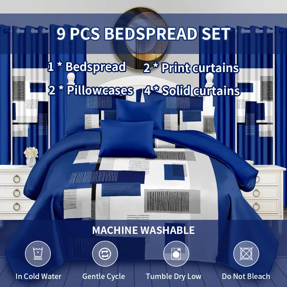 9PCS Royal Blue Geometric Block Bedding & Curtain Bundle Modern Contrast Quilted Bedspread Matching Tone Blackout Curtain Full Bedroom Pack