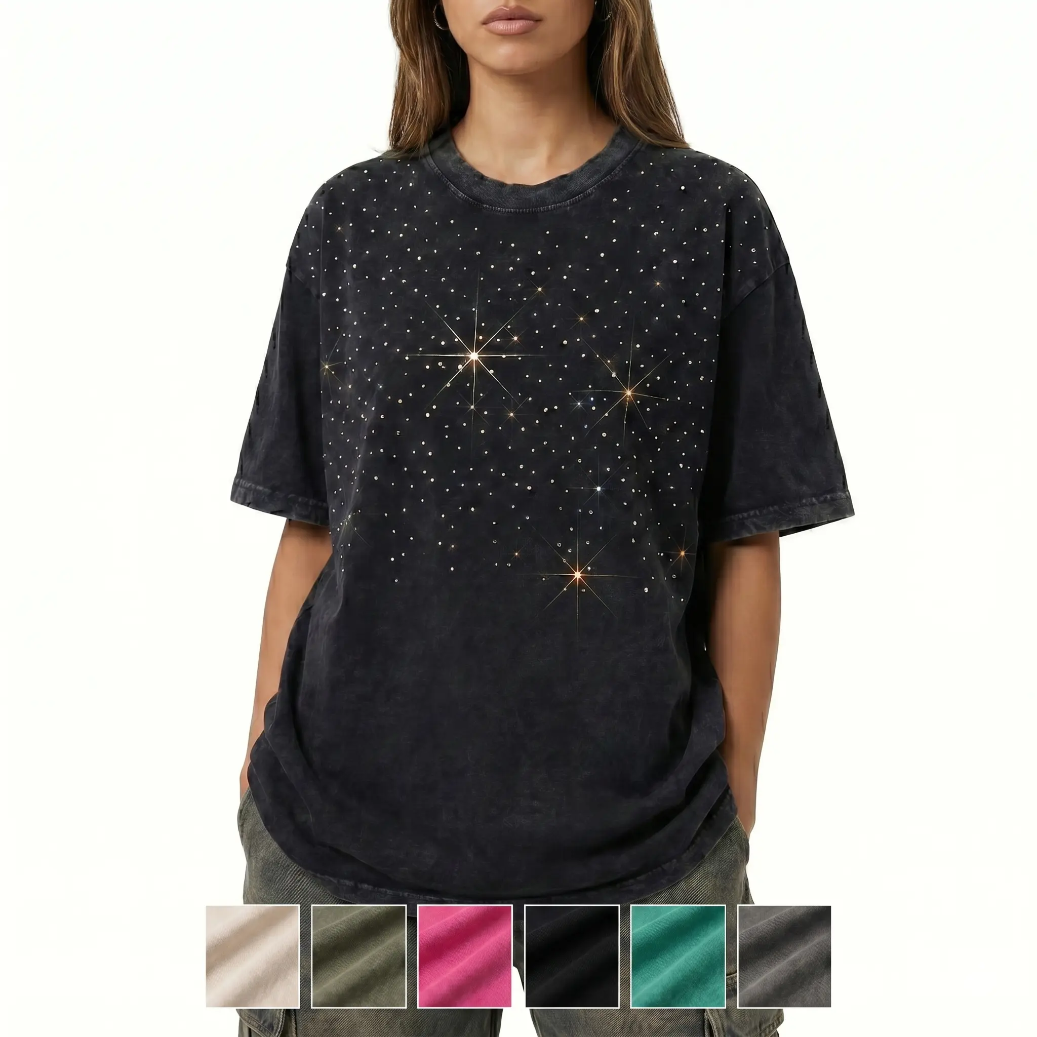High Level Women's Baggy Oversized Stonewashed 100% Cotton Short-Sleeve Crew Neck T-Shirt - Chic Streetwear Top with Crystal Rhinestones