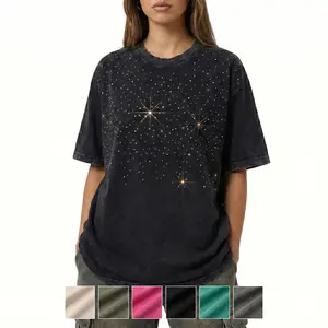 High Level Women's 100% Cotton 225gsm Stonewashed Oversized Round Neck Shortsleeve T-Shirt - Casual, Comfortable Streetwear Style Top with Crystal Rhinestone Accents (Black, Grey, Hot Pink, Turquoise Blue, Cream, Army Green)