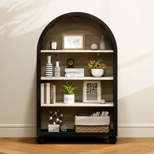 Arched 4-Tier Storage Cabinet with Carved Edges, MDF Bookcase with Black Metal Frame & Hand-Painted Finish, Freestanding Display Shelf for Living Room, Study, or Office (70.5*30*116 cm)