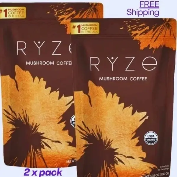 2 Packaging RYZE SUPERFOODS Mushroom Medium Roast Coffee USDA Organic with 6 Adaptogenic Mushrooms, USA Grown Instant Coffee for Better Energy, Focus Digestion Immunity with Lions Mane & Turkey Tail 30 Servings