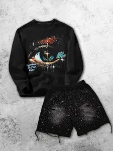 Men's Printed Sweatshirt and Shorts Set, Eye Cross Letter Print, Rhinestone Decor, Ripped Details, Casual Streetwear for All Seasons