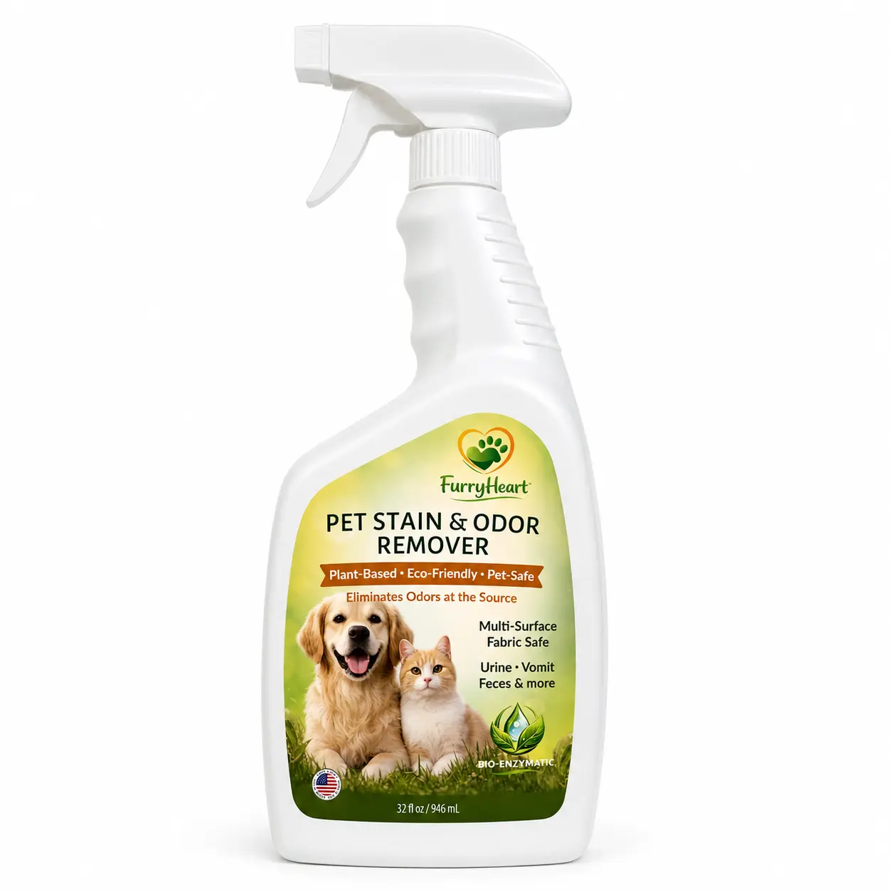 FurryHeart Pet Stain & Odor Remover for Dogs & Cats, Bio-Enzymatic Cleaner, Plant-Based Formula, Helps Remove Urine, Feces, Vomit & Organic Messes, 32 fl oz