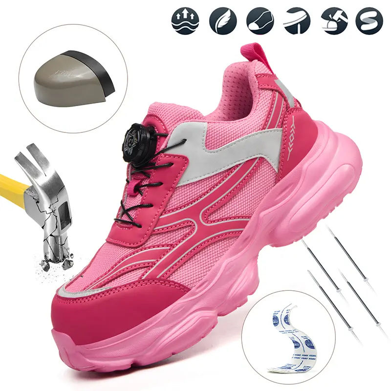 pink steel toe sneakers, women lightweight safety shoes, ladies indestructible work boots, quick lace industrial sneakers, puncture proof footwear, slip resistant workwear, comfortable athletic safety trainers, breathable construction shoes for women