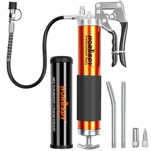 HORUSDY Heavy Duty Grease Gun with 14oz Grease Tubes | Grease Gun Flexible Hose | 7000 PSI | 18 Inch Spring Flex Hose | 2 Working Coupler | 2 Extension Rigid and 1 Sharp Type Nozzle Included