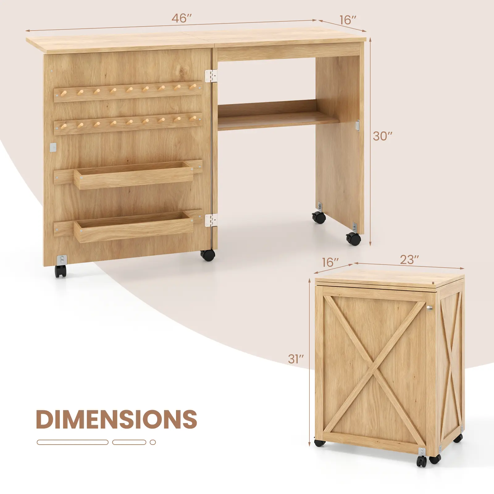 COSTWAY - Folding Sewing Table with Storage Shelf and 5 Lockable Wheels-Natural COSTWAY - Folding Sewing Table with Storage Shelf and 5 Lockable Wheels-Natural