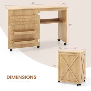 COSTWAY - Folding Sewing Table with Storage Shelf and 5 Lockable Wheels-Natural