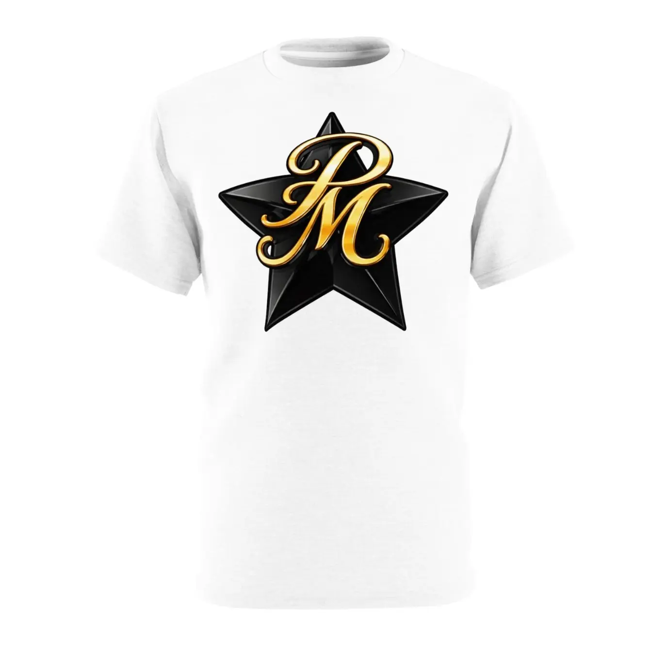 Women's Gold Script PM Monogram Star Graphic T-Shirt - Short Sleeve Crew Neck Regular Fit Casual Wear | Soft & Breathable Fabric, Durable Print, Everyday Comfort, Machine Washable, Modern graphic print streetwear White background product display