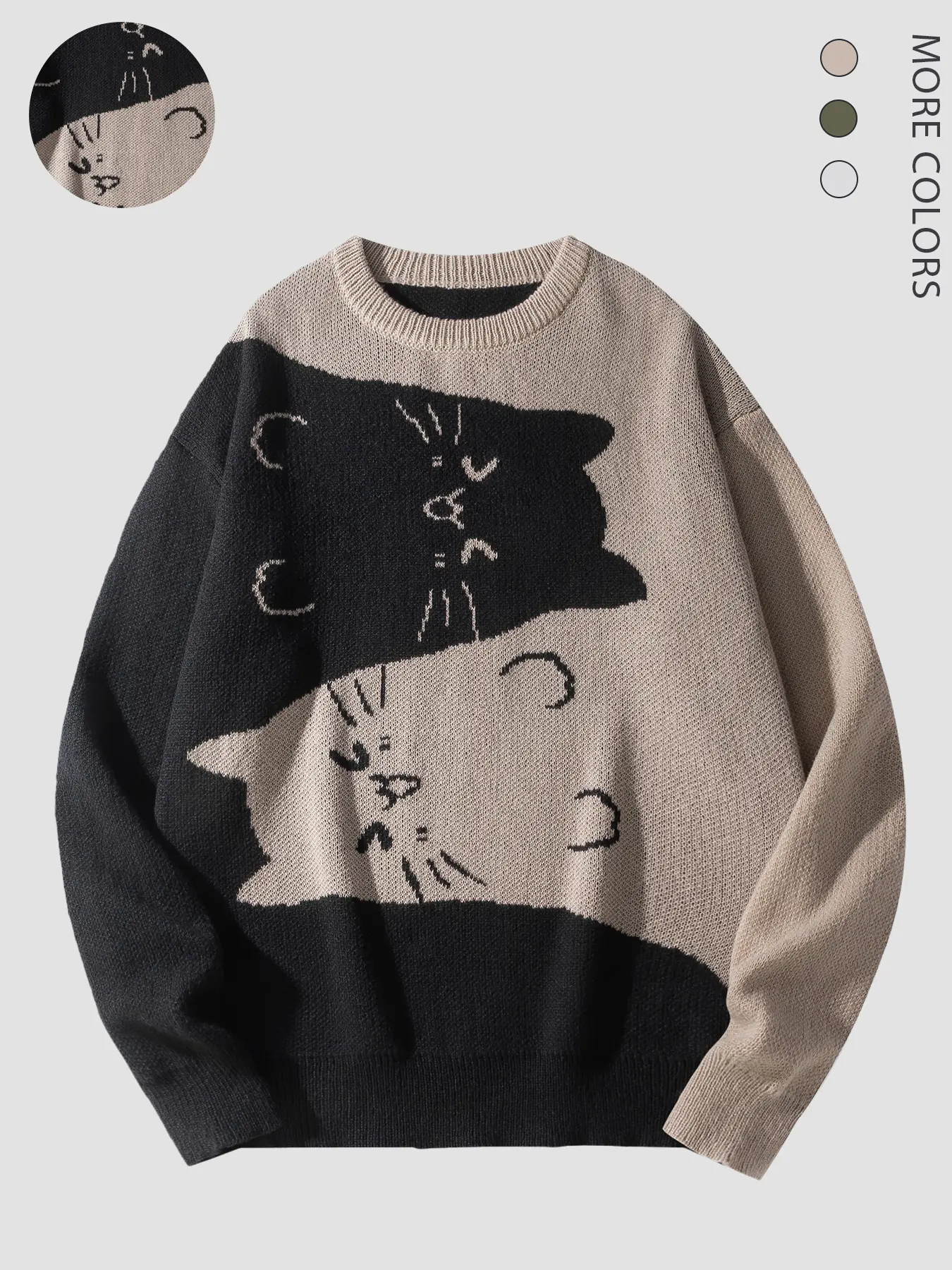 2026 #SummerVibes Academic Style Unisex Knit Sweater Cat Pattern Loose Fit Polyester Round Neck Elegant Casual Long Sleeve Fall Winter  Knitwear Crewneck Lightweight Knit Pullover Black Cotton Knit