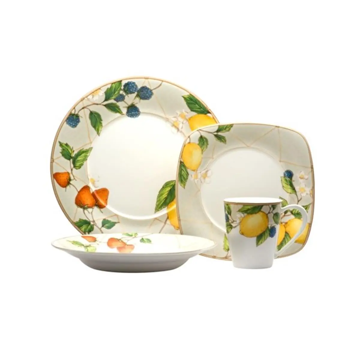 16-Piece Fruit-Themed Dinnerware Set, Everyday Dinner Set with Strawberries, Lemons, Blueberries Square Salad Dishes