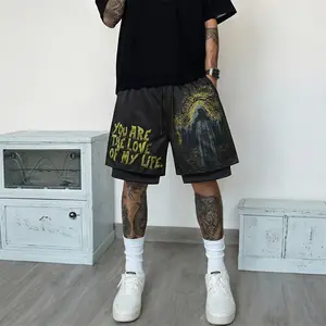Men’s quick-dry breathable mesh training shorts with compression lining, 2-in-1 fitness shorts featuring a “Demon” graphic and letter print, drawstring design—running, basketball, casual street-style shorts