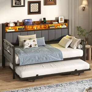 Twin Daybed with Trundle and Charging Station, Upholstered Sofa Bed with LED Light & Storage Headboard, Space Saving Bed Frame for Small Spaces, Guest Room, Living Room, Gray/White