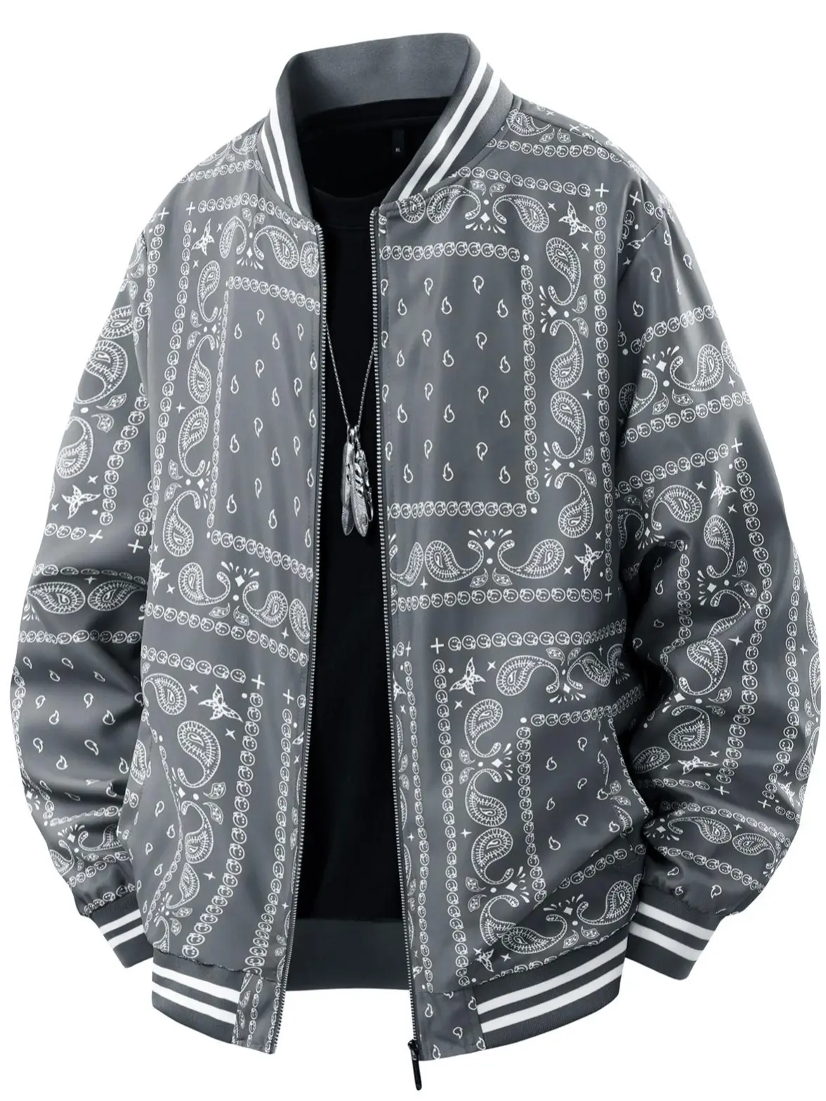 Men’s striped ribbed zip-up baseball jacket with a baseball collar and print; vintage paisley-patterned baseball jacket; striped ribbed collared zip-up jacket; hip-hop style bomber jacket with bandana print; casual street-style school varsity jacket for m