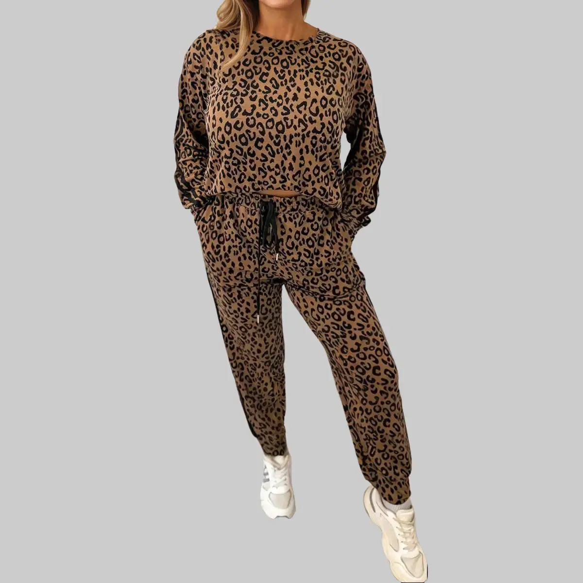 Sporty Leopard Print Jogger Set for Women, 2-Piece Casual Polyester Loungewear Outfit with Varsity Stripe Trim and Adjustable Joggers, Fabric, Longsleeves