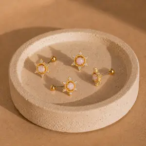 18K Gold Pink Opal CZ Star Cartilage Barbell Earring, Helix Tragus Conch Piercing Jewelry, Celestial Coquette Soft Girl Earring, Stacking Layering Earring, Dainty Gold Star Barbell Stud, Y2K Aesthetic Piercing Gift for Her