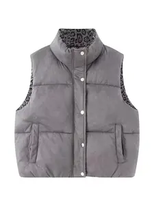 Women's Vintage Casual Two-Sided Reversible Leopard Print Stand Collar Sleeveless Vest with Front Zipper, Pocket Design, Short Style