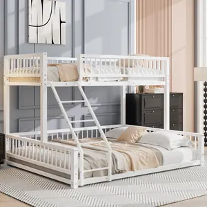 Metal Twin XL Over Queen Bunk Bed, Floor Twin XL Over Queen Bunk Bed Frame with Ladder and Safety Guardrails, White