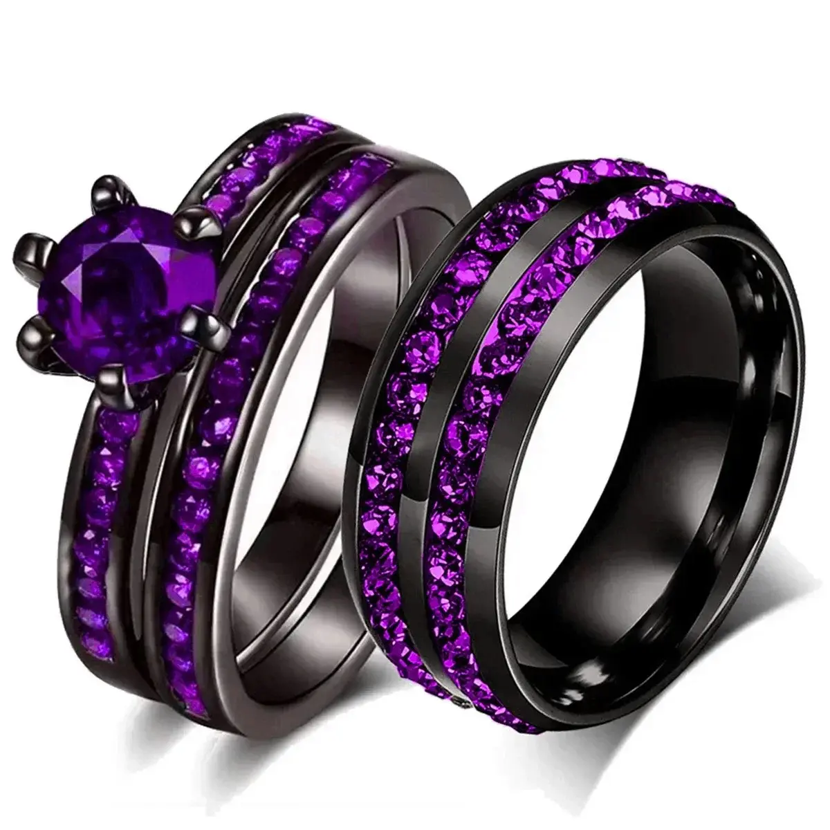 Fashion Couple Rings Charm Purple Rhinestones CZ Women Rings Set Trendy Men Stainless Steel Zirconia Ring Wedding Band Jewelry
