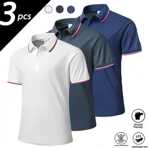 Men's Chic 3-Piece Fitted Short Sleeve Polo Shirt Set - Soft, Breathable Button-Up Clothes, 8688 Dark Blue + Dark Gray + White, Casual Office & Golf Summer Essential
