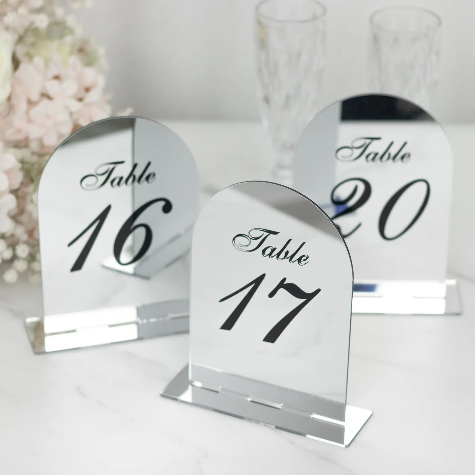 Wedding Table Numbers 11-20 Home Decor, 6"x7" Silver Mirror Arch Acrylic with Black Print - Includes Stands for Elegant Receptions